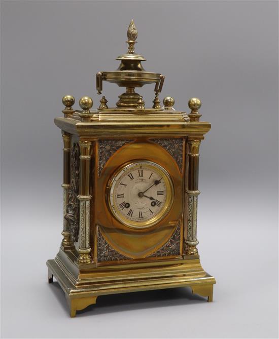 A 19th century gilt brass and silvered metal mantel clock, J W Benson, London, height 38cm